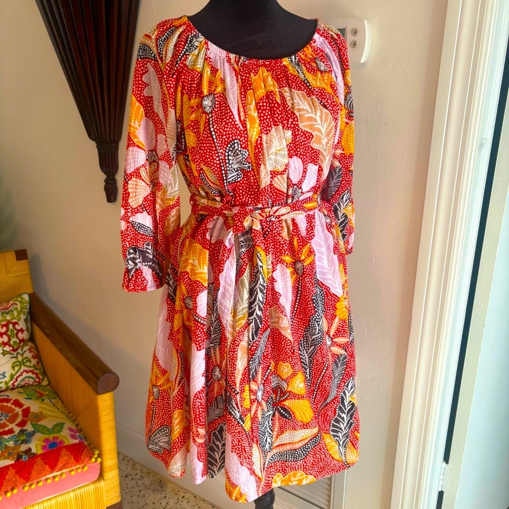 Anthropologie ELIZABETH & JAMES Red Cotton Print Marika Garden Loose fit Dress S